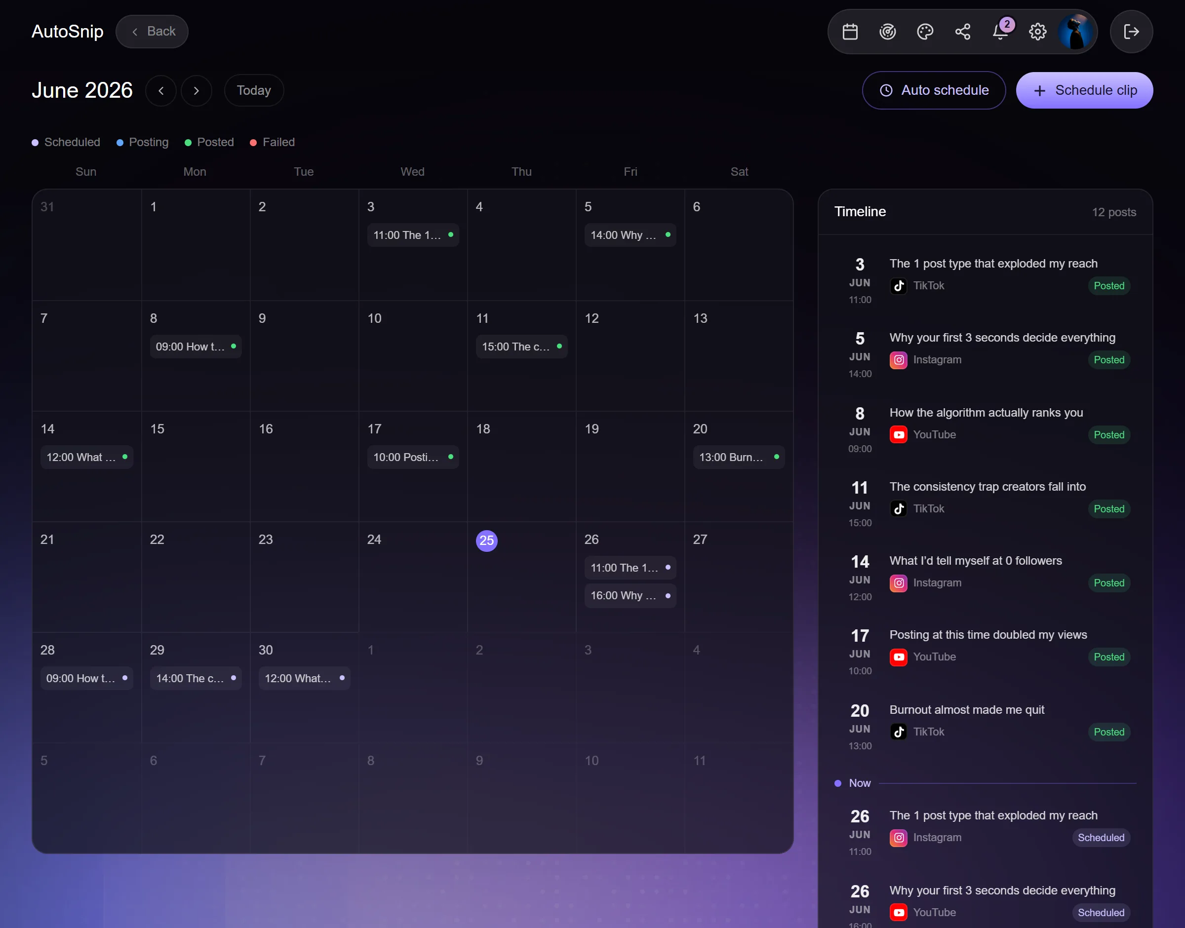 Social media scheduling calendar in the Autosnip app